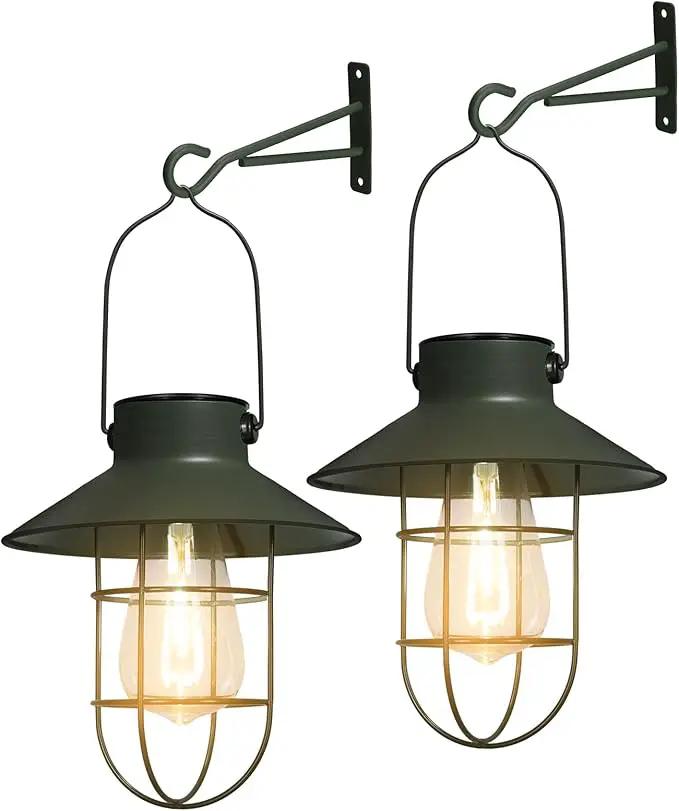 pearlstar Solar Lanterns Outdoor Metal Solar Powered Hanging Lights Waterproof for Wall Barn Yard Garden Patio Garage Balcony Porch Fence Decor, Warm White Edison Bulb (Green-2pack) by GreenHaven Gardens