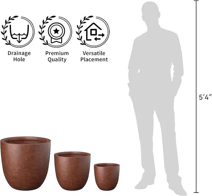 Kante 18",14",10" Dia Concrete Round Planters (Set of 3), Outdoor Indoor Large Planter Pots with Drainage Hole and Rubber Plug for Home Patio Garden, Rusty by GreenHaven Gardens
