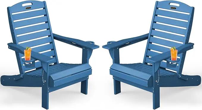 Adirondack Chairs Set of 2, Outdoor Fire Pit Chairs, HDPE All-Weather Adirondack Chairs with Cup Holder, Lawn Chair for Deck, Patio, Garden (NavyBlue) by GreenHaven Gardens