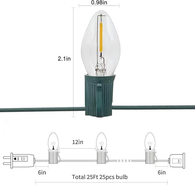 C7 Clear LED Christmas Lights, C7 Clear Christmas String Lights with 27 Clear LED Bulbs (Plus 2 Extra Bulbs) for Christmas Holiday Season Party Indoor&Outdoor Patio Backyard Decoration (25Ft, Clear) by GreenHaven Gardens