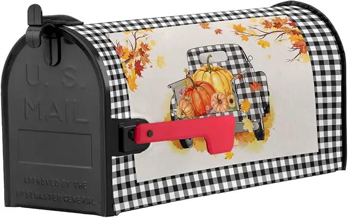 Magnetic Mailbox Cover Oversized 21"x25.5" Fall Black and White Buffalo Plaid Truck with Pumpkins Post Box Cover Mailbox Wraps Post Letter Box Cover for Holiday Garden Yard Outdoor Decor by GreenHaven Gardens