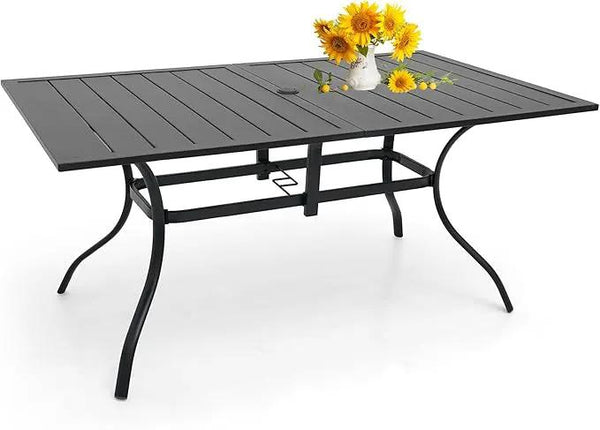 Outdoor Patio Table for 6 Person, Patio Dining Rectangle Table with 1.57" Umbrella Hole for Garden Lawn Backyard Parties, Black Metal Frame 63" L x 38" W x 28" H
