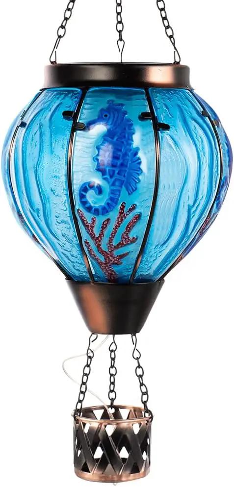 Seahorse Solar Hot Air Balloon Lantern with Flame Flickering Light,Glass Hot Air Balloon Solar Lanterns Outdoor Waterproof Hanging Outdoor Lights for Yard,Patio,Porch Garden Gift for Women by GreenHaven Gardens