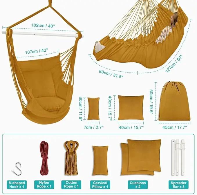 Outerman Hammock Chair, Hanging Chair with 3 Cushions and Foot Rest Support, Sturdy Metal Spreader Bar Max 500Lbs, Swing Chair for Bedroom, Indoor & Outdoor, Patio, Porch or Tree（Khaki） by GreenHaven Gardens