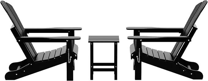WO Home Furniture Adirondack Chairs Table Set of 3 PCS Outdoor Folding Chairs Side End Table Weather/UV Resistant for Lawn, Garden, Bon Fire, Balcony (Black) by GreenHaven Gardens