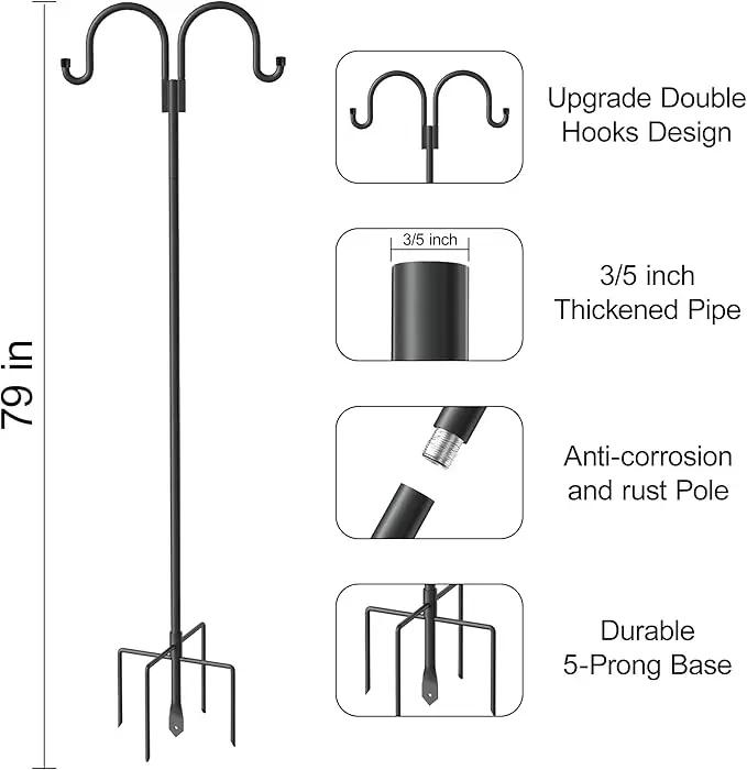 Highpro Double Shepherds Hooks for Outdoor, 2 Pack 79 Inch Heavy Duty Garden Pole for Hanging Bird Feeder, Bird Feeder Hook Plant Baskets,Garden Plant Hanger Stands with 5 Base Prongs by GreenHaven Gardens