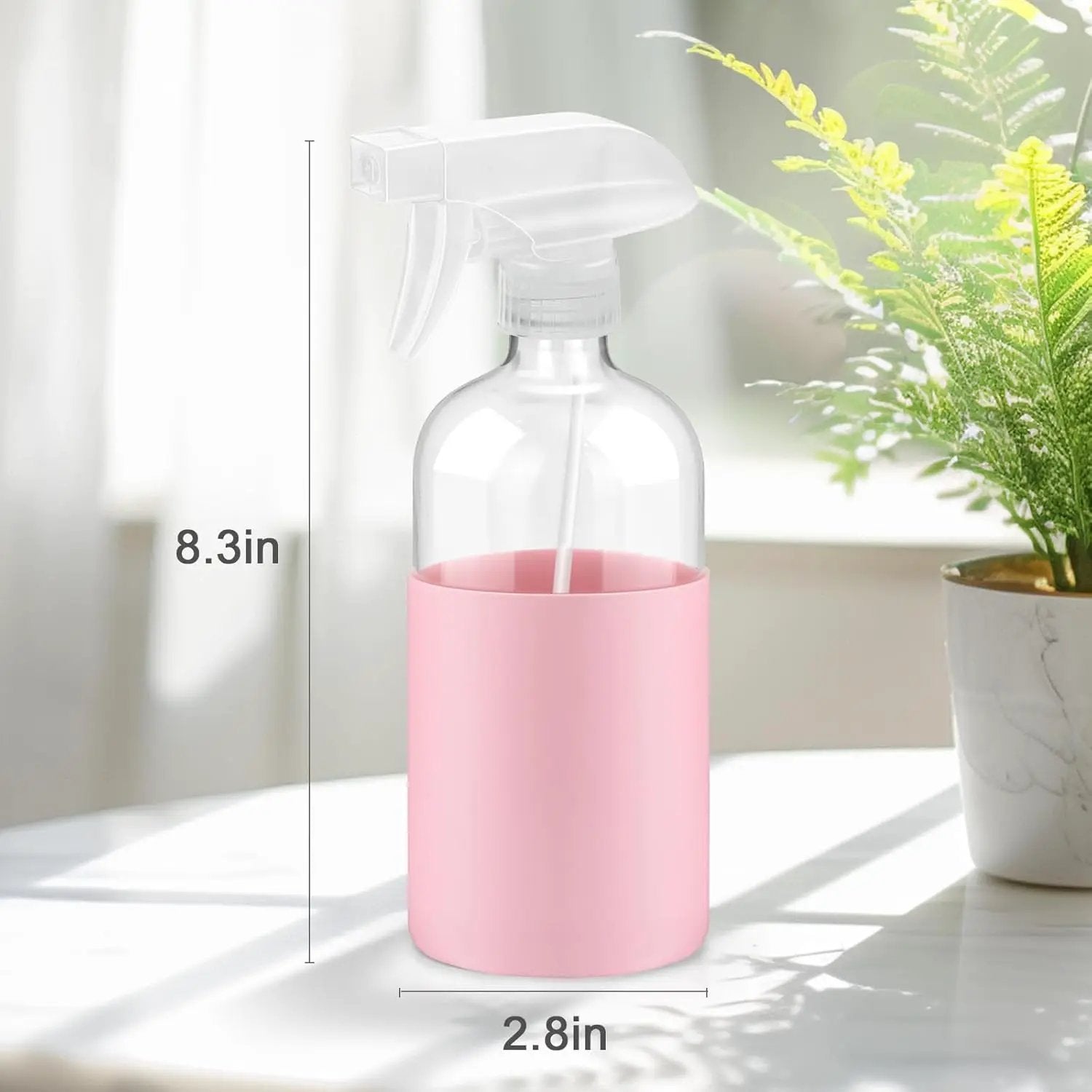 2 Pack Glass Spray Bottles with Long Silicone Sleeve, 16 oz Empty Refillable Containers with Adjustable Spray Nozzles, Spray Bottles for Hair, Cleaning Solutions and Plants Pink by GreenHaven Gardens