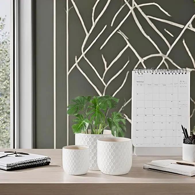 Docrin Ceramic Plant Pots Indoor: 6.5+5.3+4 Inch Planters with Drainage Holes for Home/Office - Set of 3 / White Honeycomb by GreenHaven Gardens