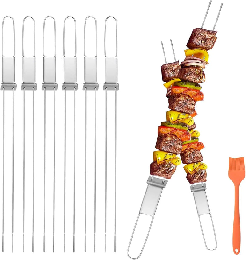 Skewers for Grilling, 17inch （6PCS）Double Fork Flat Stainless Steel Kabob Skewers with Slider, Reusable Metal BBQ Skewer for Meat, Vegetable, BBQ Accessories by GreenHaven Gardens