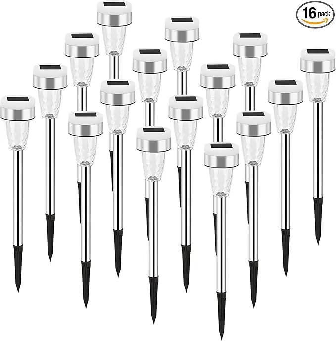 TWINSLUXES 16 Pack Solar Outdoor Lights, Dual Light Source LED Pathway Lights Solar Powered, Stainless Steel Waterproof Solar Garden Lights Decoration for Garden Patio and Walkway, Cool Warm by GreenHaven Gardens