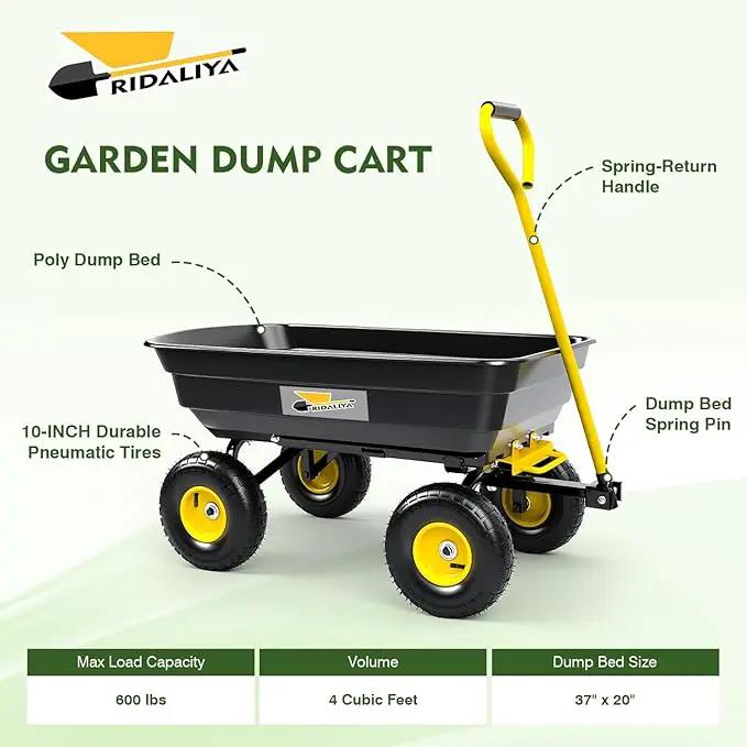 Garden Dump Cart, Heavy-Duty Utility Wagon with 600 lb Capacity, 4 Cu Ft Bed, 10" Pneumatic Tires, 180° Pivot Steering for Yard, Lawn, and Beach Use by GreenHaven Gardens