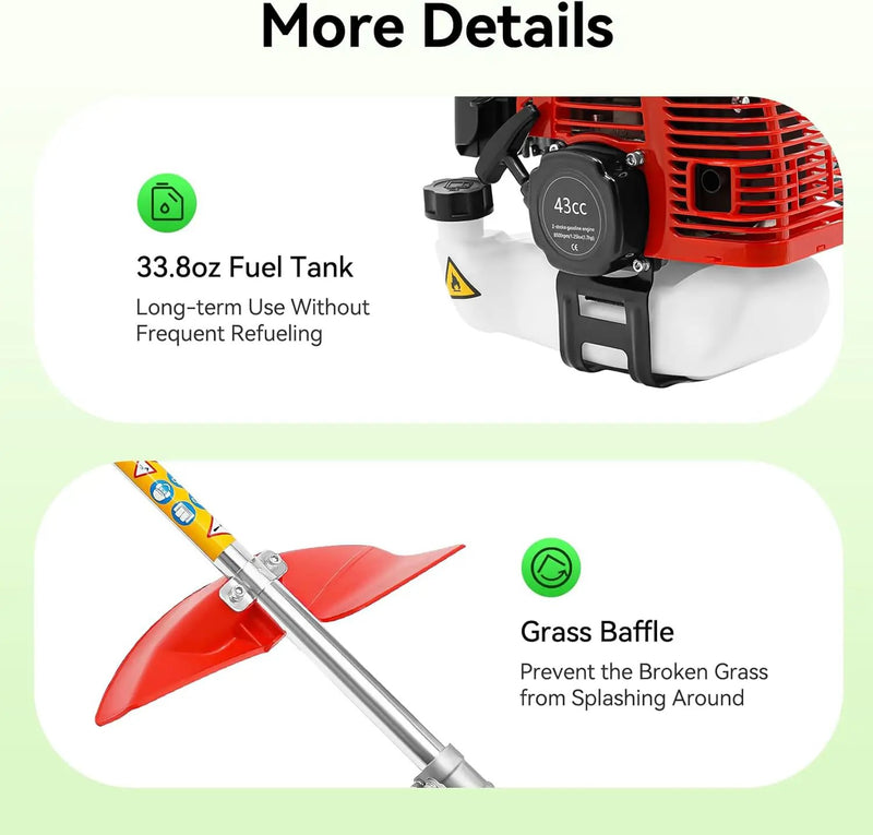 2 Stroke 43cc Gasoline Weed Trimmer Brush Cutter Lawn Edger Grass Weed Eater, Gas Weed Trimmer Gas Weedeaters Grass Trimmer Cordless Gasoline Power w/ 2 Blade Heads by GreenHaven Gardens