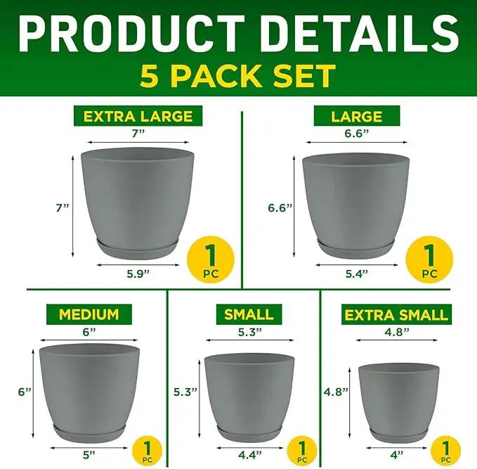 Planter Pots with Drainage Holes - Lightweight, Durable & Space-Saving Pots for Indoor and Outdoor - Versatile Functionality, Simple Modern Design, Set of 5 Plastic Planter Pots - Gray by GreenHaven Gardens