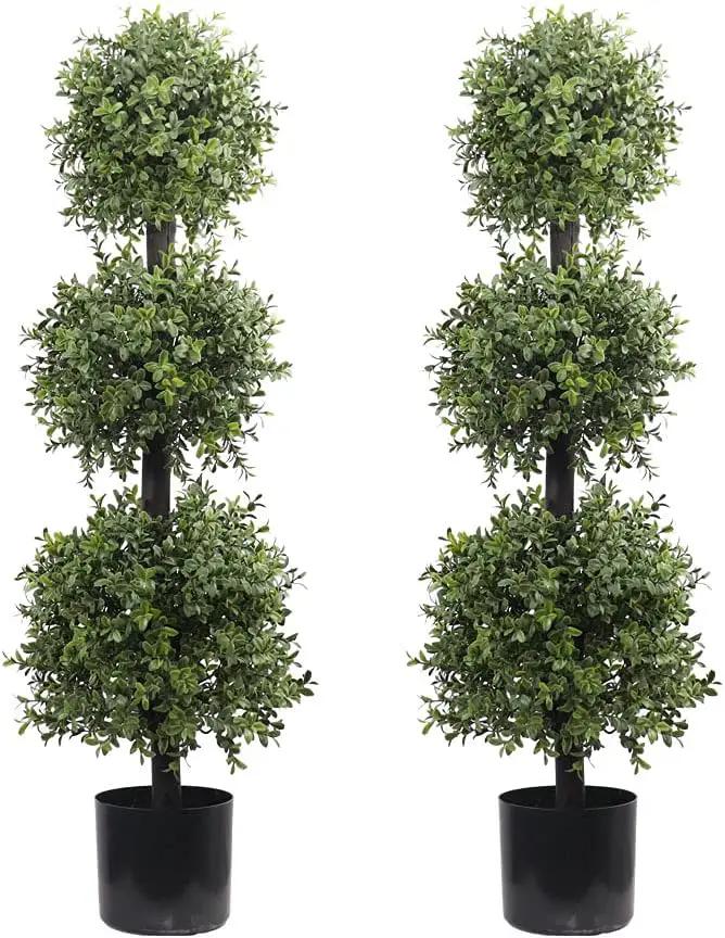 38''T Artificial Boxwood Topiary Triple Ball Outdoor Potted Plants Anti-UV Front Door Decor 2Pack by GreenHaven Gardens
