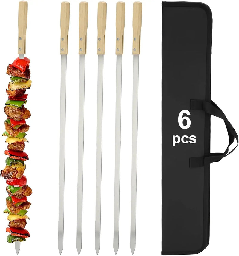 SHIKORI Kabob Skewers,BBQ Barbecue Skewers,Stainless Steel Sticks,23 Inch Heavy Duty Large Wide Reusable,with Nonslip Wooden-6 Pcs by GreenHaven Gardens