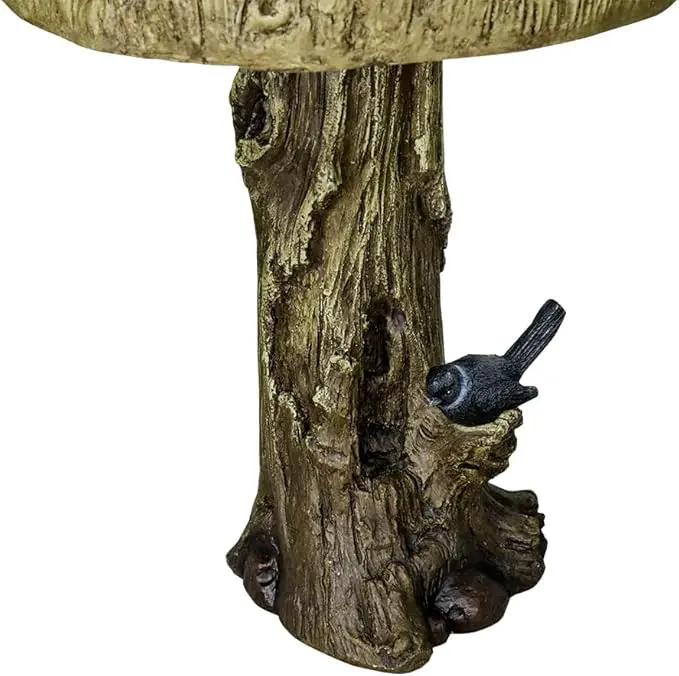 SunJet 24.4 Inch Heigh Wood-Look Concrete Bird Bath with Decorative Faux Bird – birdbath Rustic & Long-Lasting Design, Enhances Garden, Patio, Yard, Lawn Décor by GreenHaven Gardens