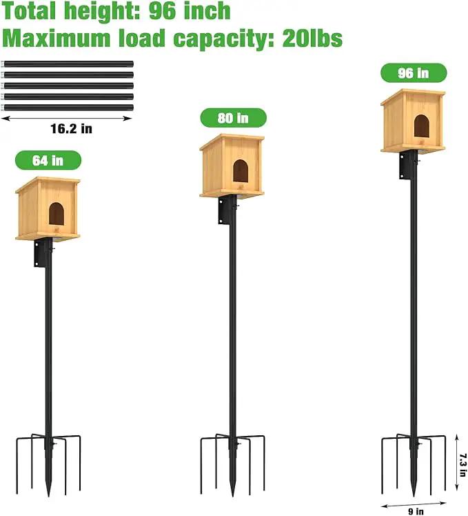 ERYTLLY Bird House Pole Mount Kit 96 Inch - Adjustable Hummingbird Bird Feeder Post Support Rod Universal Stand Set with 5 Prongs for Outdoor, Yard, Garden Decor, Black by GreenHaven Gardens