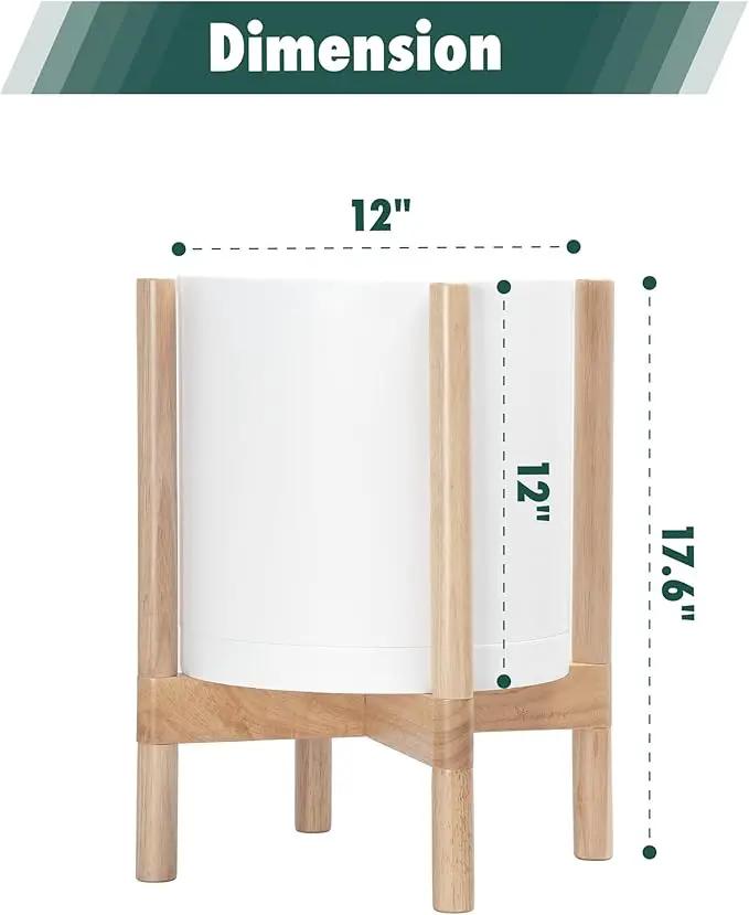 D'vine Dev Planter Pot with Stand - 12 Inch Plastic Cylinder Flower Pot with Wood Planter Holder for Indoor, Matte White Pot + Natural Stand, 55-C-P-1 by GreenHaven Gardens