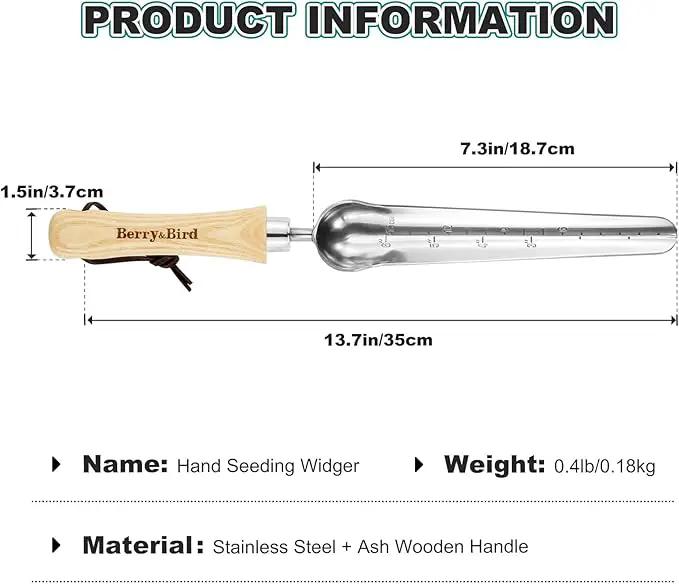 Berry&Bird Seeding Widger,Stainless Steel Seed Dibber Tool with Measuring Scale,Wooden Handle Garden Bulb Trowel for Seed Planting Tool Hand Shovel Planter Transplanter Dibber Soil Digginng by GreenHaven Gardens