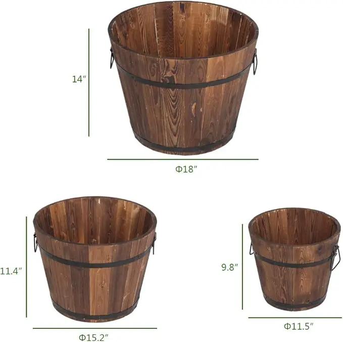 3 Pcs Wooden Planter Barrel Set, Outdoor Flower Pots with Handle & Drainage Holes, Rustic Whiskey Barrel Planter for Plants, Herbs, Veggies, Indoor Outdoor Use by GreenHaven Gardens