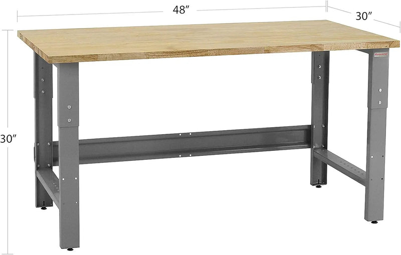 Table & Workbench: 1" Thick Solid Oiled Wood Butcher Block Top, Height Adjustable - 30" D x 48" L x 30" - 36" H - by BenchPro by GreenHaven Gardens