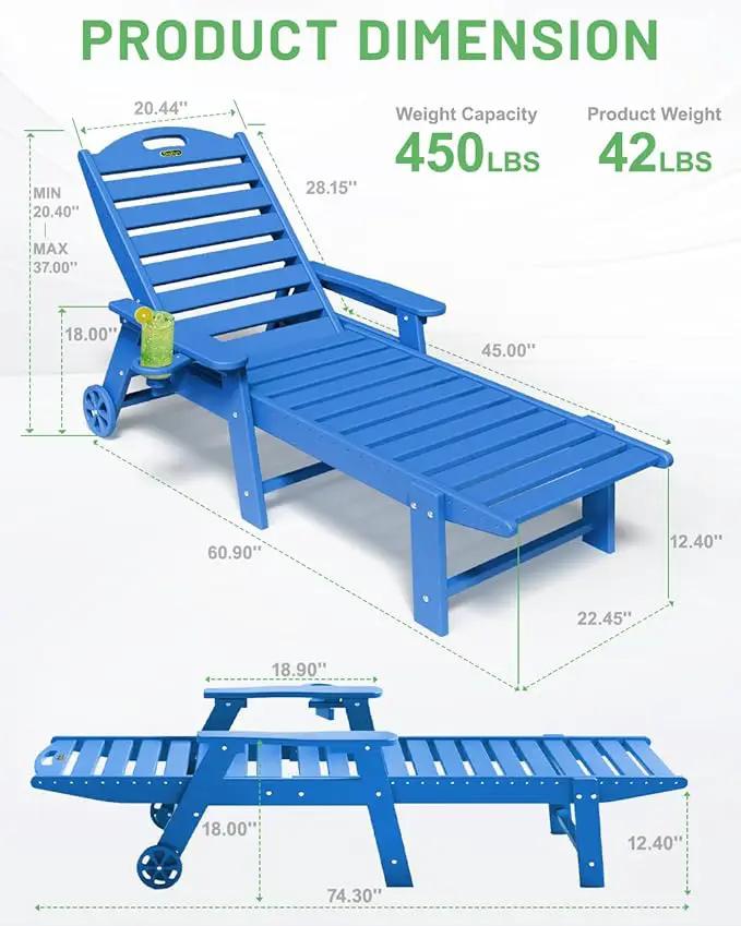 Lounge Chair Outdoor Set of 4 with Wheels, Adjustable 6-Position Chaise Lounge Outdoor, Patio Lounge Chair for Poolside Backyard, Navy Blue by GreenHaven Gardens