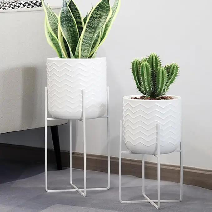 TRIROCKS Set of 2 Planters with Stand Indoor Outdoor Metal Plant Stand 18 &12" Tall Modern Planters Flower Pots for Living Room Corner Kitchen Office Garden Balcony Patio Decor(White) by GreenHaven Gardens