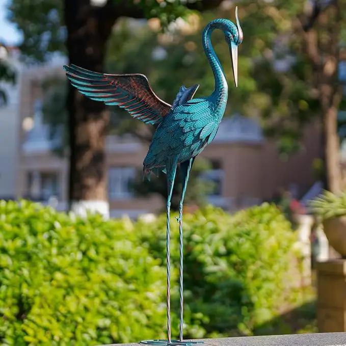 44'' Blue Heron Garden Statue, Large Crane Outdoor Statue, Crane Metal Yard Art for Outside Backyard, Pond, Patio, Lawn Decor by GreenHaven Gardens