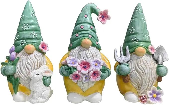 Garden Guardians Set of Three 6" Gardening Gnome Figurines, Floral Green and Yellow Statue Decor by GreenHaven Gardens
