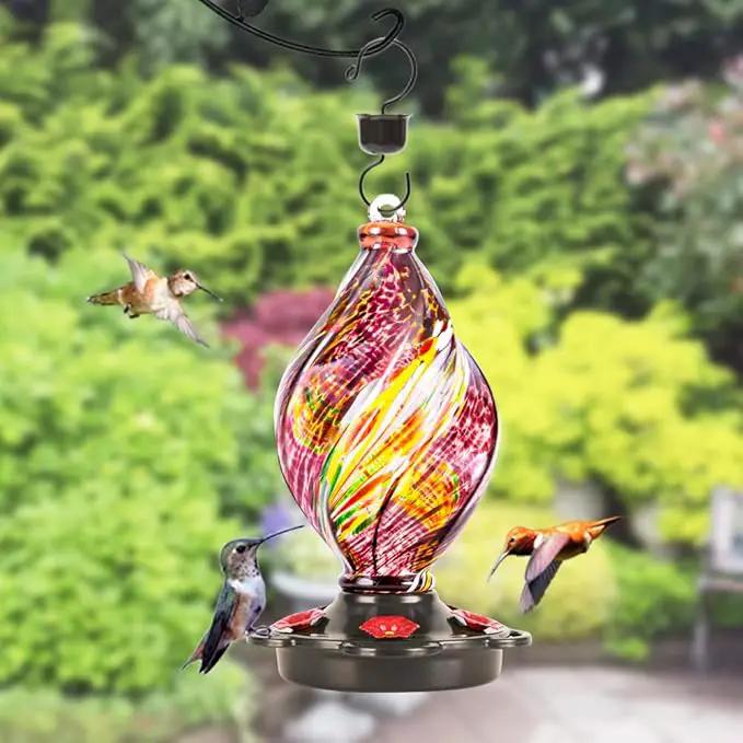 LUJII Ice Cream Shaped Spiral Hummingbird Feeder for Outdoors Hanging, Hand Blown Glass, 28 fl.oz, Leak Proof & Rustproof, Includes an Ant Moat with Hook, Unique & Stylish Glass Art & Decor (Purple) by GreenHaven Gardens