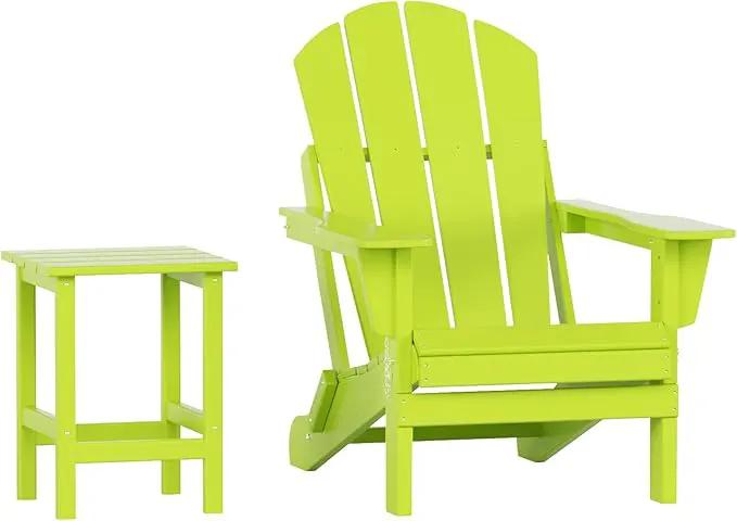 WO Home Furniture Adirondack Chair Table Set of 2 PCS Outdoor Folding Chair w Side Table Weather/UV Resistant for Lawn, Garden, Bon Fire, Balcony (Lime) by GreenHaven Gardens