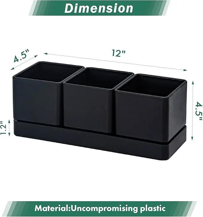 D'vine Dev Herb Garden Planter Set, Plastic Plant Pots with Drainage and Saucer, Indoor Succulent Cactus Vegetable Pot for Windowsill, Garden Balcony, Black, Set of 2, 76-V-B-2 by GreenHaven Gardens