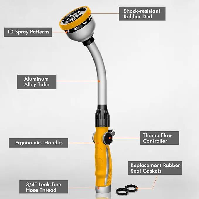 RESTMO Watering Wand Heavy Duty, Metal Garden Hose Wand with 10 Spray Patterns, 15-Inch Long Hose Nozzle Sprayer with Thumb Flow Control, Ideal to Water Hanging Baskets and Shrubs, Yellow by GreenHaven Gardens