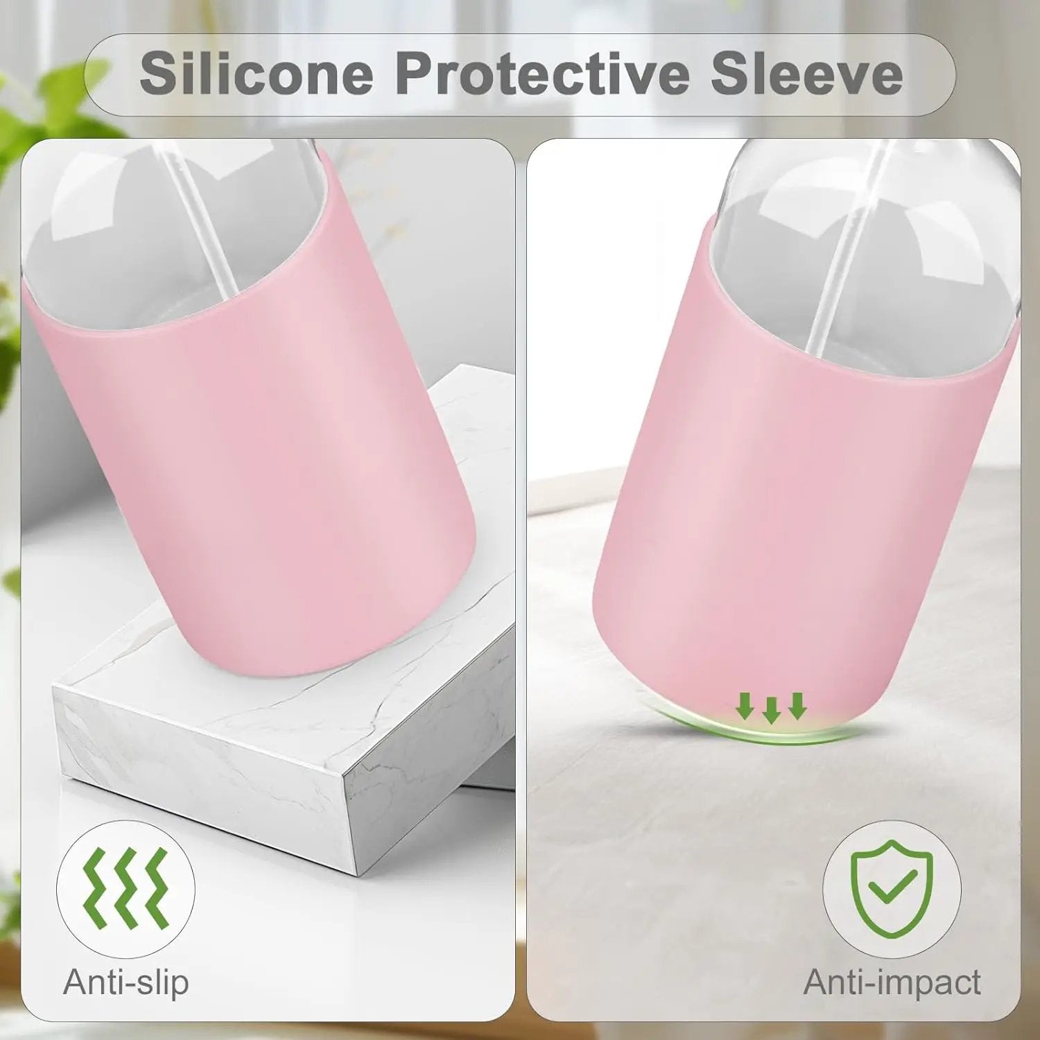 2 Pack Glass Spray Bottles with Long Silicone Sleeve, 16 oz Empty Refillable Containers with Adjustable Spray Nozzles, Spray Bottles for Hair, Cleaning Solutions and Plants Pink by GreenHaven Gardens