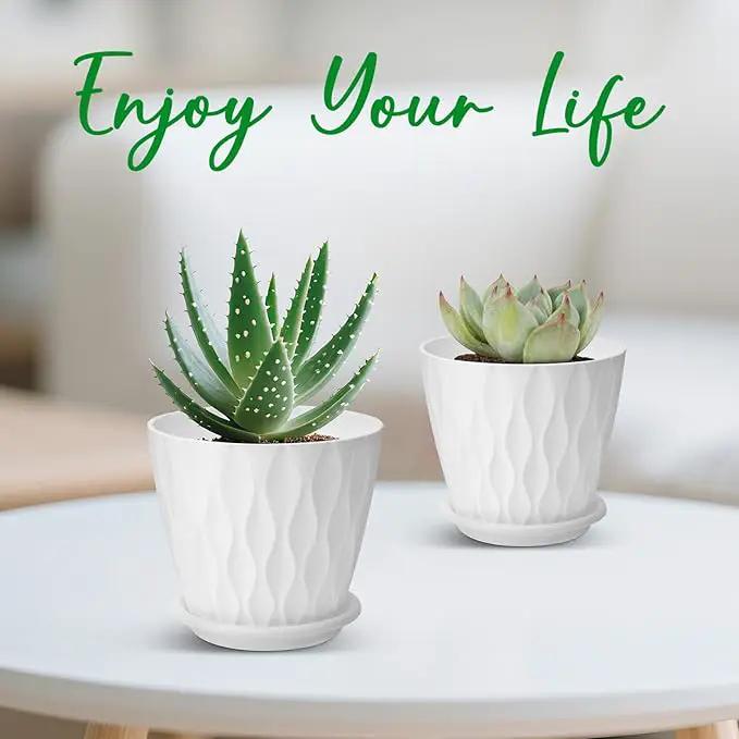 4 inch Plant Pots, 5 Pack Flower Pots Outdoor Indoor, Planters with Drainage Holes and Tray Saucers（White） by GreenHaven Gardens
