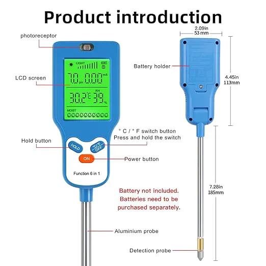 6-in-1 Soil Moisture Meter Digital PH Meter/Soil Moisture/Plant Temperature/Sunlight Intensity, Backlight LCD Display, Soil Test Meter for Garden, Lawn, Plant Care (Blue) by GreenHaven Gardens