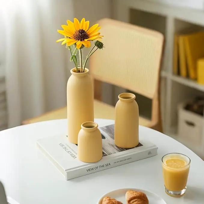 Ceramic Vase Set-3, Small Flower Vases for Decor, Modern Boho Farmhouse Style, Decorative Vases for Pampas Grass & Dried Flowers, Distressed Finish (Yellow) by GreenHaven Gardens