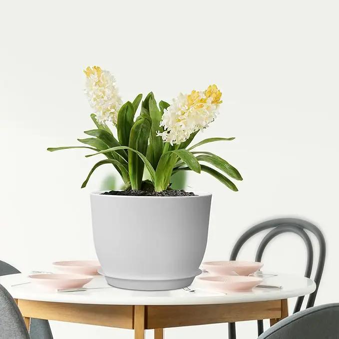 12 inch Large Plant Pots, Plastic Planters with Drainage Holes and Saucers, Flower Pots for Indoor Outdoor Plants, Modern Decorative Pots for Garden House Plants, White by GreenHaven Gardens