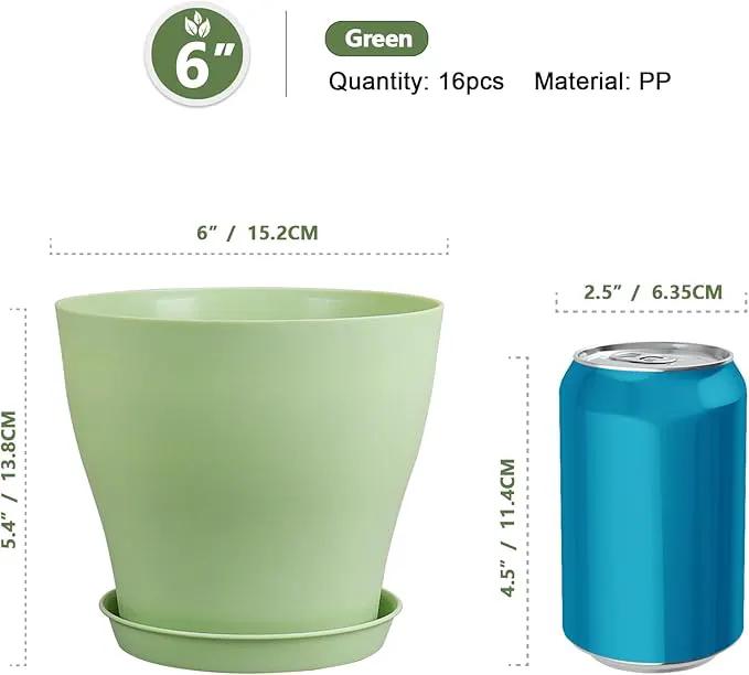 6 inch Plastic Nursery Pots, Seedling Pots, 16 Pack Plant Pots for Small Indoor Outdoor Plants, Flower Pots with Drainage Holes and Saucers, Decorative Planters for House Plants, Green by GreenHaven Gardens