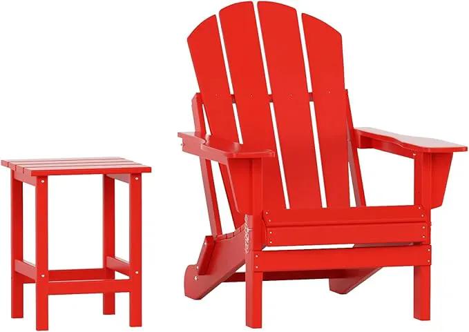 WO Home Furniture Adirondack Chair Table Set of 2 PCS Outdoor Folding Chair w Side Table Weather/UV Resistant for Lawn, Garden, Bon Fire, Balcony (Red) by GreenHaven Gardens