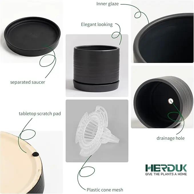 6 Inch Plant Pots, Ceramic Planter Pot with Drainage Hole & Saucer, Indoor/Outdoor Cylinder Round Planter Pot, Matte Black by GreenHaven Gardens