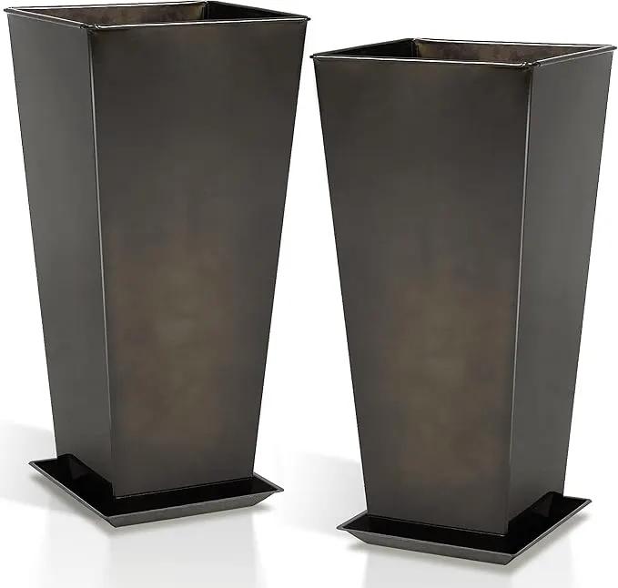 WORTH Garden 28" Large Metal Glazed Planter Set of 2, Luxurious Glossy Finish Black Tall Square Tapered Steel Plant Pots, Decor Flower Pot Indoor & Outdoor, Drainage Hole & Dual-Purpose Plant Saucer by GreenHaven Gardens