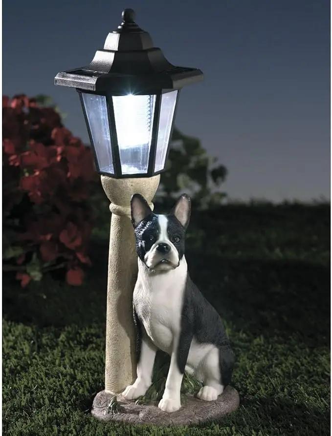 Bits and Pieces - Solar Dog Lantern-Solar Powered Garden Lantern - Resin Dog Sculpture with LED Light (Boston Terrier) by GreenHaven Gardens