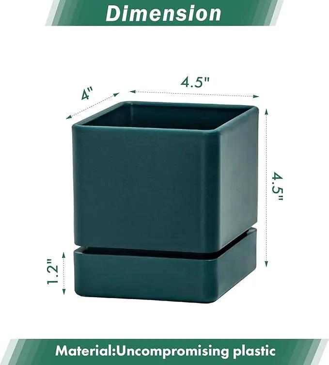 4 Inch Herb Planter Pot, Plastic Planter with Drainage Holes and Saucer, Modern Decorative Gardening Pot for Indoor Plants, Flowers, Herbs, Succulents, Green, Set of 4, 76-Y-C-4 by GreenHaven Gardens