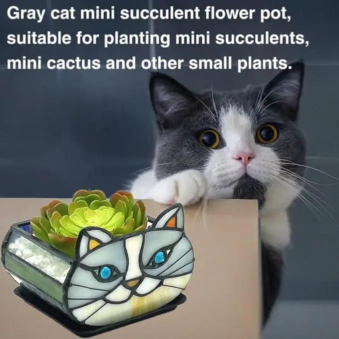 Cute Gray Cat Planter,Cat Succulent Planter,Unique Pots for Indoor Plants,Gifts for Plant Lovers Women Unique 4.33x3.54x2.95 in (Flower Pot Does not Include Plants) by GreenHaven Gardens