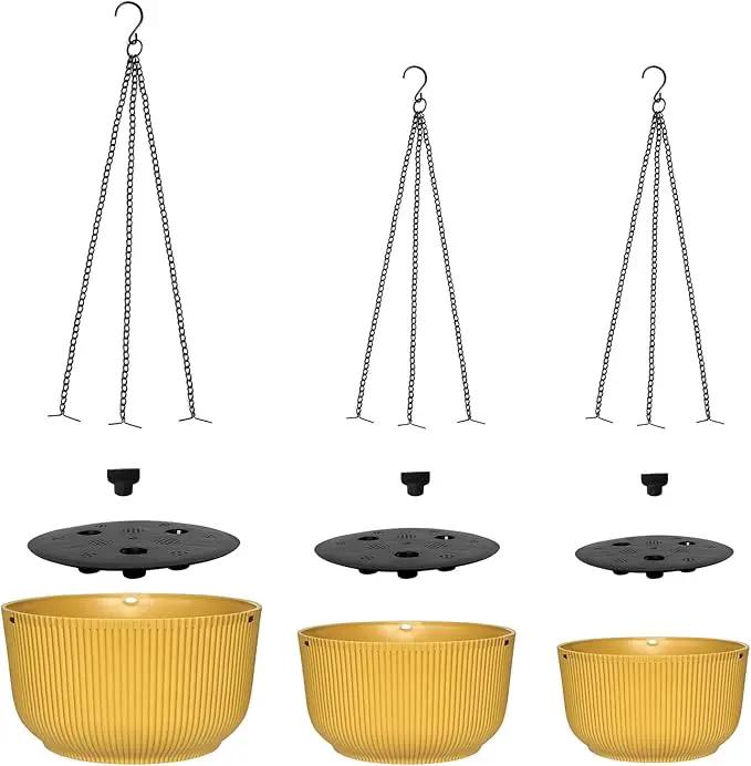 Hanging Planters for Indoor Plants, 3 Pack Hanging Baskets for Plants, Self Watering Plant Hanger for Indoor Plants, Round Hanging Plant Pot with Drainage Holes and Chains, Yellow by GreenHaven Gardens