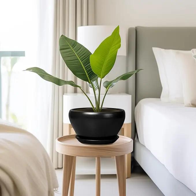 Plant Pot Large 9 Inch - Ceramic Pots for Plants with Drainage Hole and Saucer Round Planter for Indoor Plants Decorative Outdoor Flower Pot Large for House Balcony Black by GreenHaven Gardens
