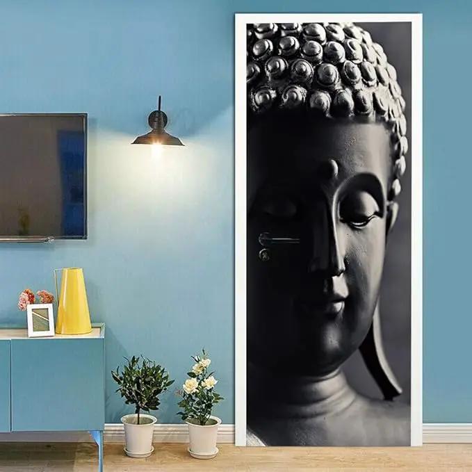 3D Door Stickers - Buddha Statue - Peel & Stick - Waterproof & Washable - Matt Finish - Oriental Style - Black - 37.4" x 84.6" - 2 Pieces by GreenHaven Gardens
