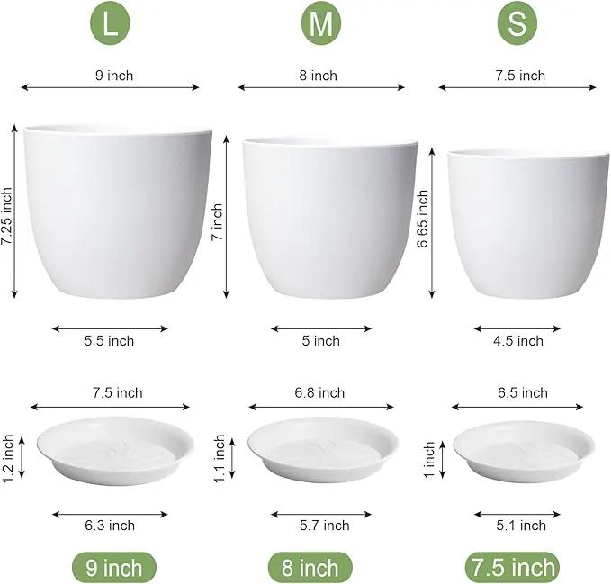 9/8/7.5 inch Flower Pots, Set of 3 Modern Decorative Plastic Planters with Drainage Holes and Saucers, Plant Pots for Indoor Outdoor Plants, White by GreenHaven Gardens