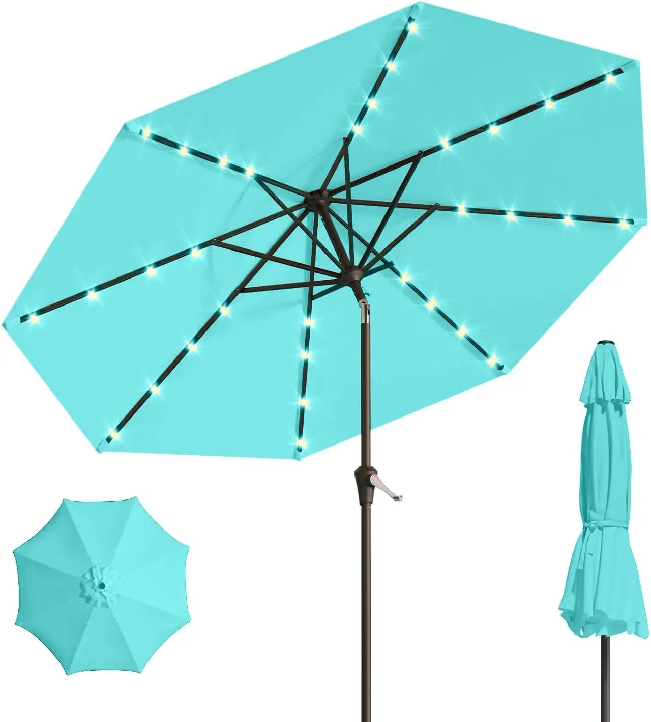 10FT Solar Umbrella 32 LED Lighted Patio Umbrella Table Market Umbrella w/Tilt and Crank, UV-Resistant Outdoor Umbrella for Pool, Garden, Deck, Aqua Blue by GreenHaven Gardens